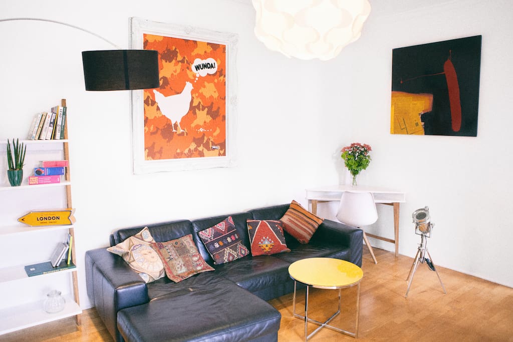 Spacious, bright, light, original art work and design furniture.