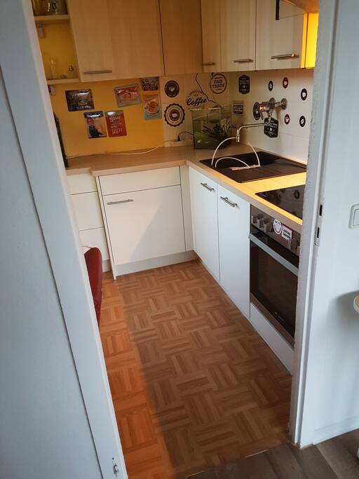 die Küche mit Spülmaschine, Herd, Backofen und Kühlschrank..
Es darf gerne alles mit benutzt werden.
Per Hand wird bitte nichts abgespült, dafür gibt es die Spülmaschine. Tabs sind ebenfalls vorhanden, sowie Reinigungsmittel & Co. unterm Waschbecken.