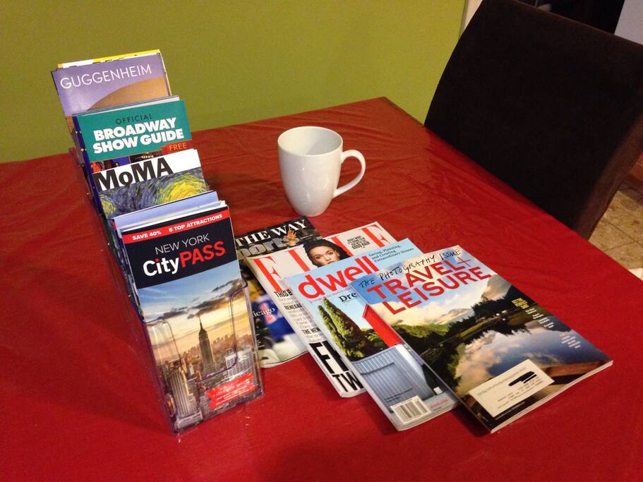 Museum/City guides, maps, and magazines available to read while you have your morning cup of coffee.