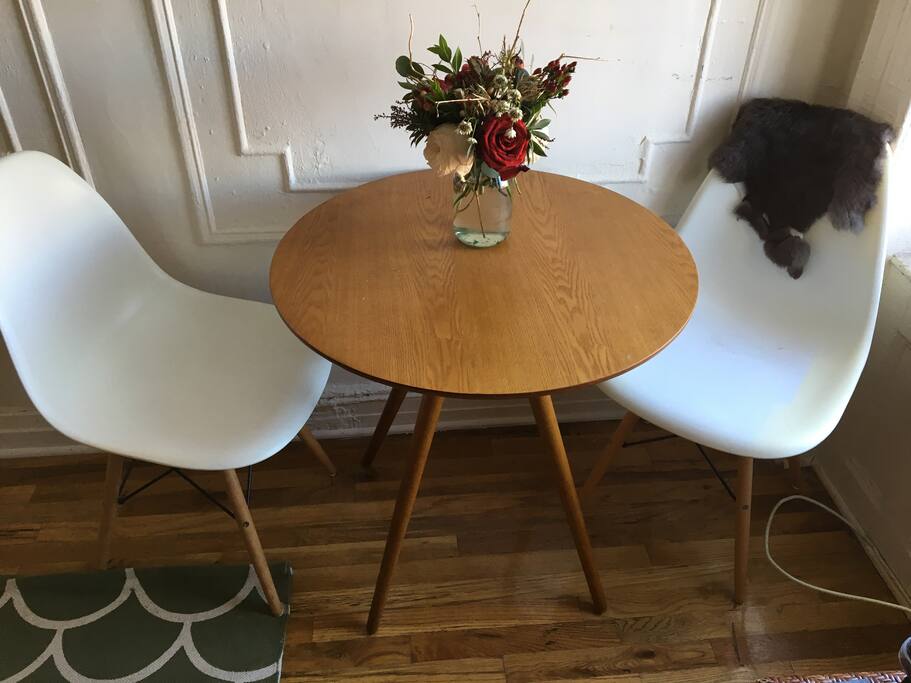 Dining table for two or four if you move the bench to it.