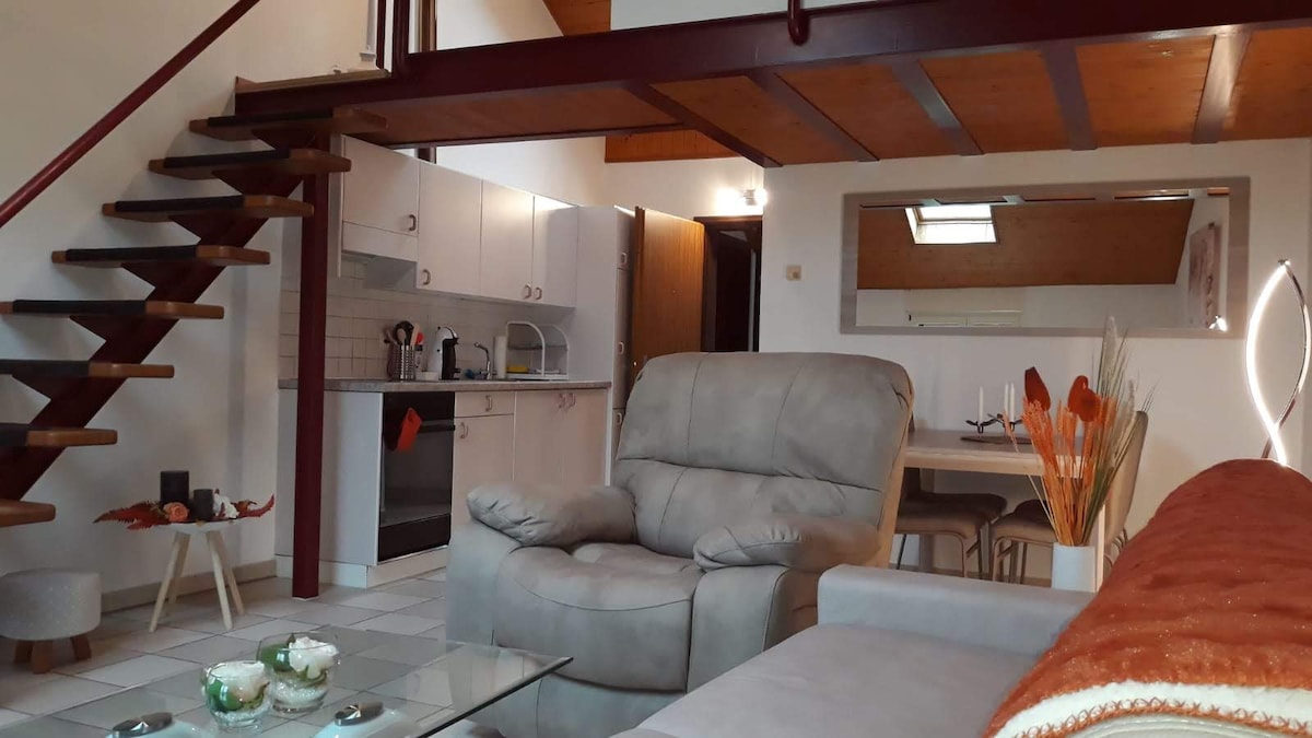 The interior showcases an open layout with a modern kitchen and a dining area. A comfortable seating arrangement features a plush sofa and armchair. Natural light is provided by a skylight and windows, with a staircase leading to an upper level. Decorative elements enhance the inviting space.