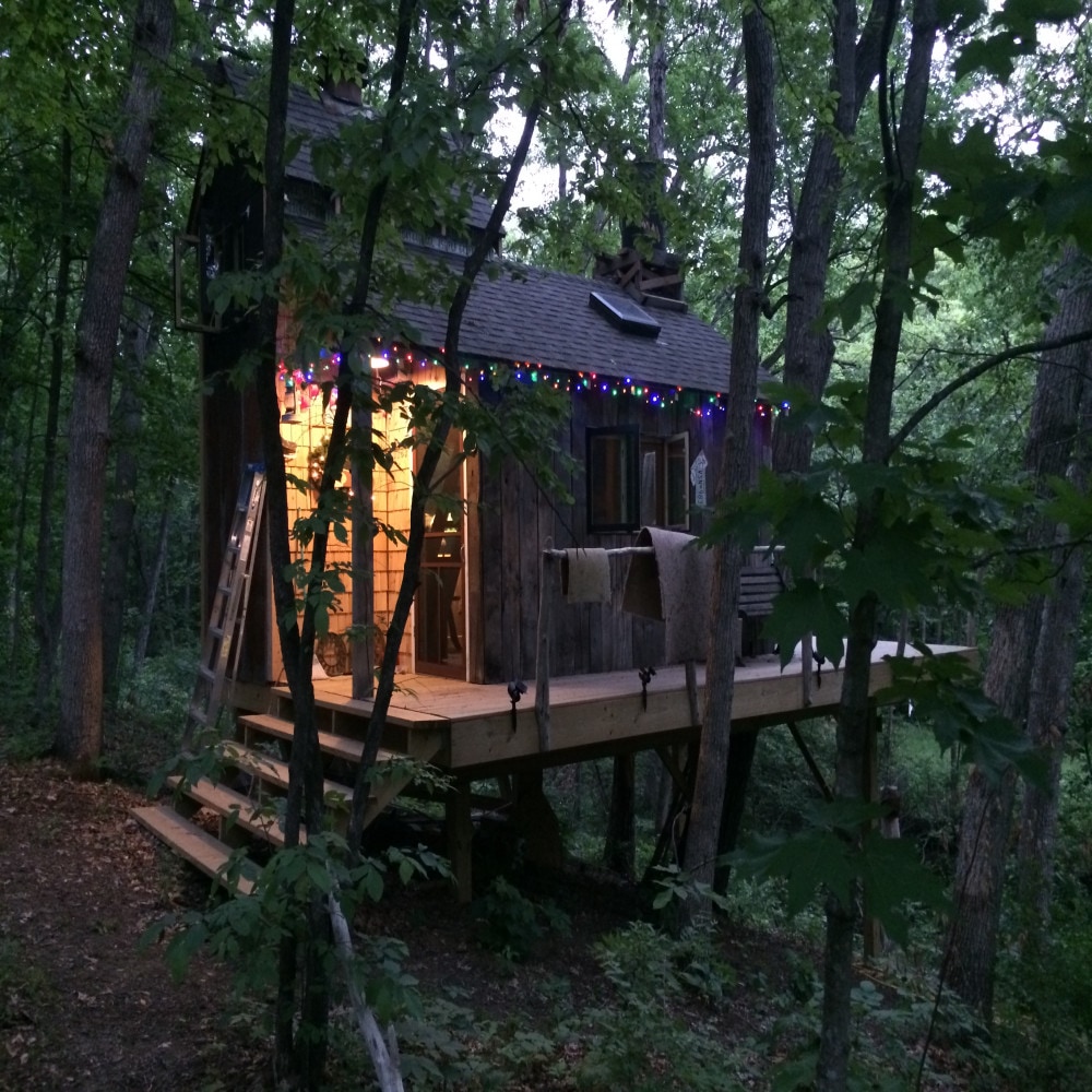 A wooden treehouse nestled among trees is illuminated by warm light from a nearby window. Colorful string lights adorn the exterior, and a small ladder leans against the structure. The surrounding greenery and forest floor add a natural, serene backdrop.