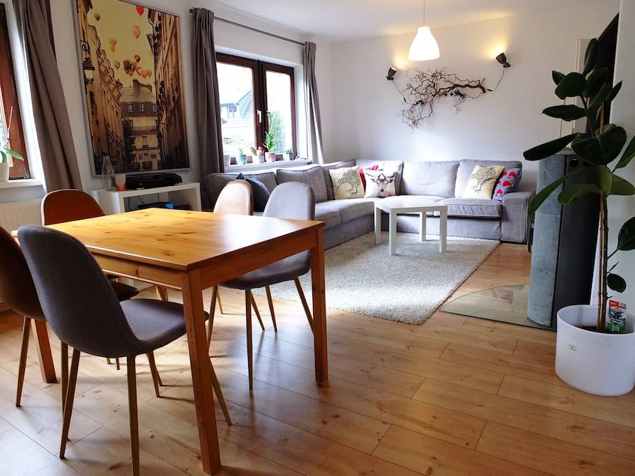 Open living, kitchen and dining space.
