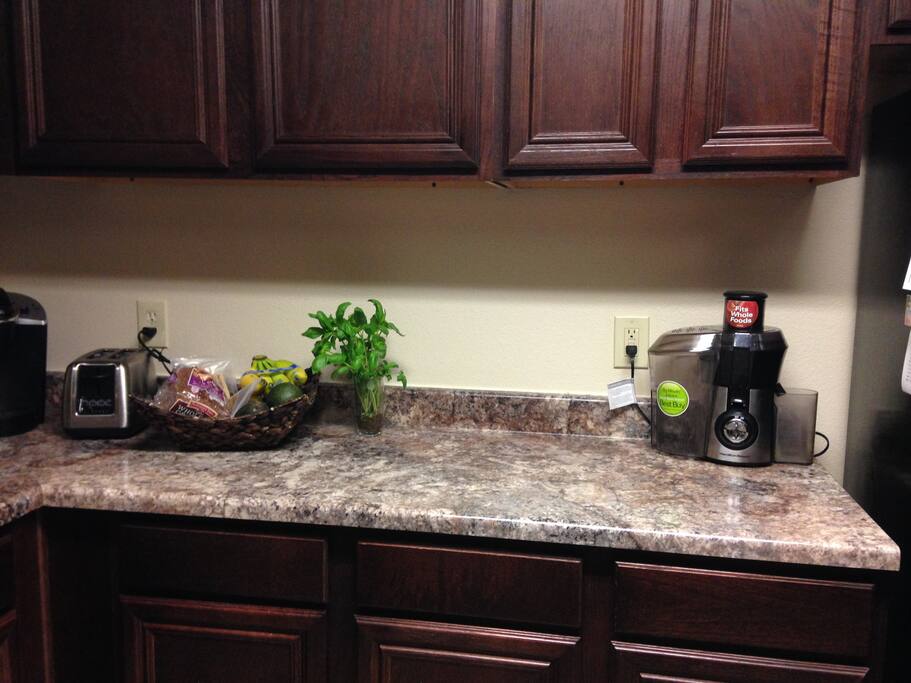 Full kitchen access with Keurig coffee maker, juice maker, and toaster, etc.