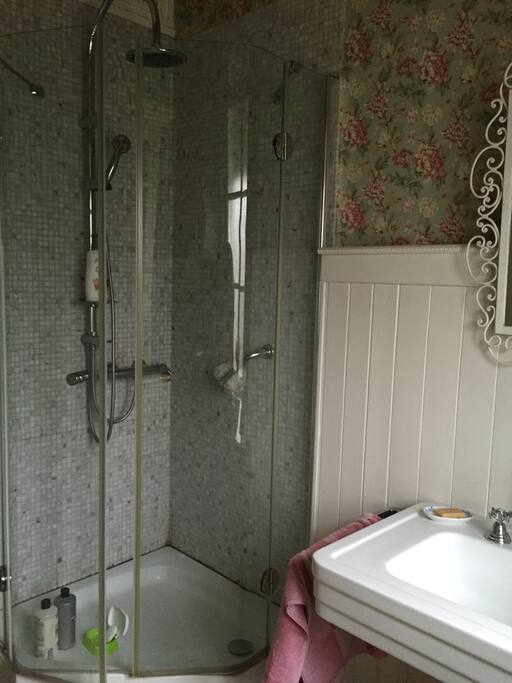 Salle de douche, lavabo, armoire de toilette. WC séparé.