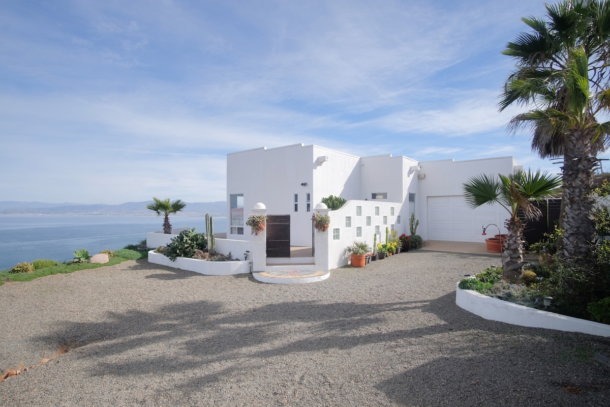 A modern white house is situated on a bluff, surrounded by neatly landscaped gardens and palm trees. The ocean can be seen in the background, providing a stunning view. The driveway is made of gravel, leading to the garage, with potted plants adding a natural touch.