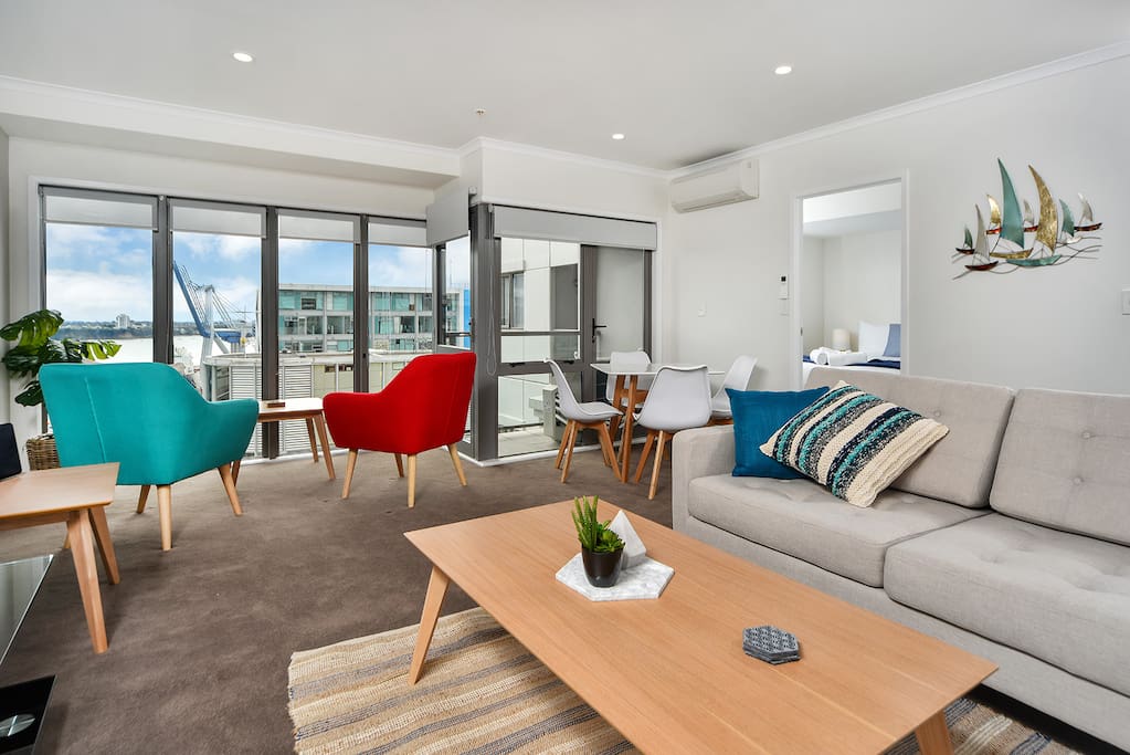 Spacious living area with a small balcony