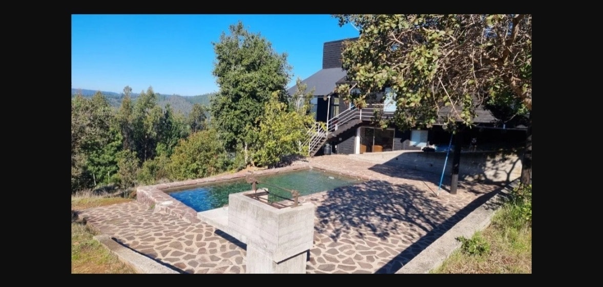 A stone pathway leads to a rectangular pool surrounded by a spacious deck, offering ample outdoor space for relaxation. Lush trees frame the scene, providing natural shade and enhancing the serene setting, while a modern house stands in the background.