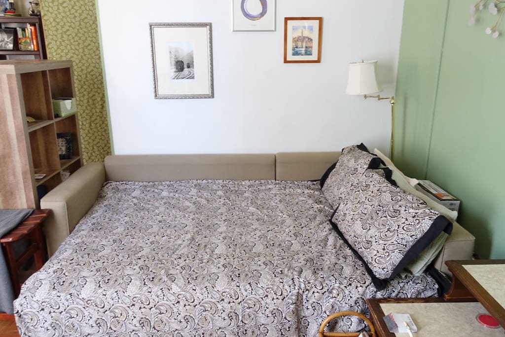 Queen sized sofa bed with memory foam topper accommodates 2 guests, even tall folks!