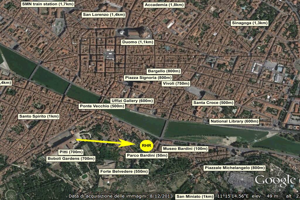 position (yellow dot) with distances from city's highlights
