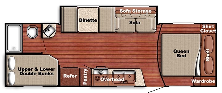 A floor plan of the travel trailer displays the layout, featuring a queen bed, double and single bunks, a sofa, and a dinette. Kitchen and pantry areas are included, alongside a bathroom space, representing an organized and functional design for comfortable travel accommodations.