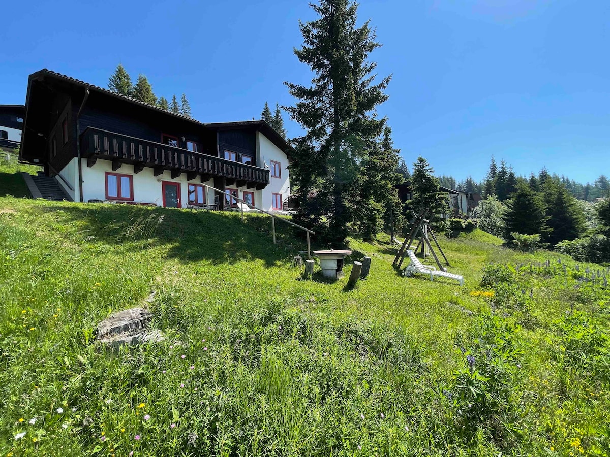 A mountain lodge is set against a bright blue sky, surrounded by lush green grass and trees. The building features two levels with balconies and multiple windows. Outdoor seating and play equipment are visible in the foreground, providing a welcoming space for relaxation.