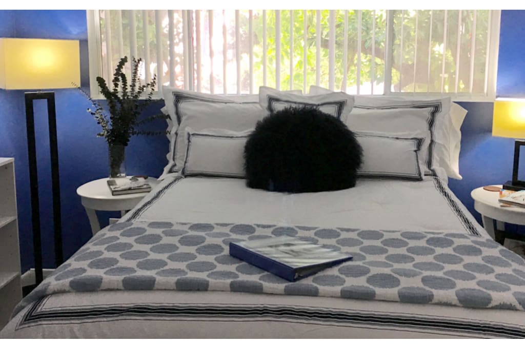 Our newly redecorated 'To Catch a Thief' room--part of our Golden Era Hollywood, Alfred Hitchcock & Cary Grant apartment theme--features Great Sunlight, a New Bed, Carpets & Paint, Famous Amos Cookies, bottled water, York Peppermint Patties, and more.