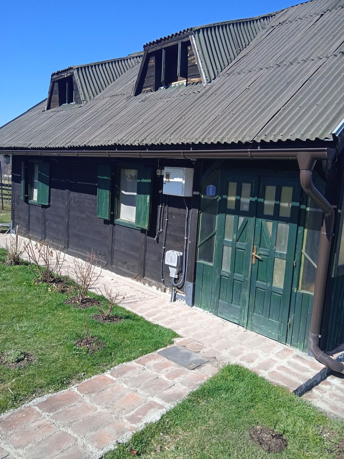 A rustic house exterior is presented, featuring dark wooden walls and a distinctive metal roof. The green door and shutters accentuate the entrance, while a stone path leads through a well-kept garden area, enhancing the home's connection to nature.