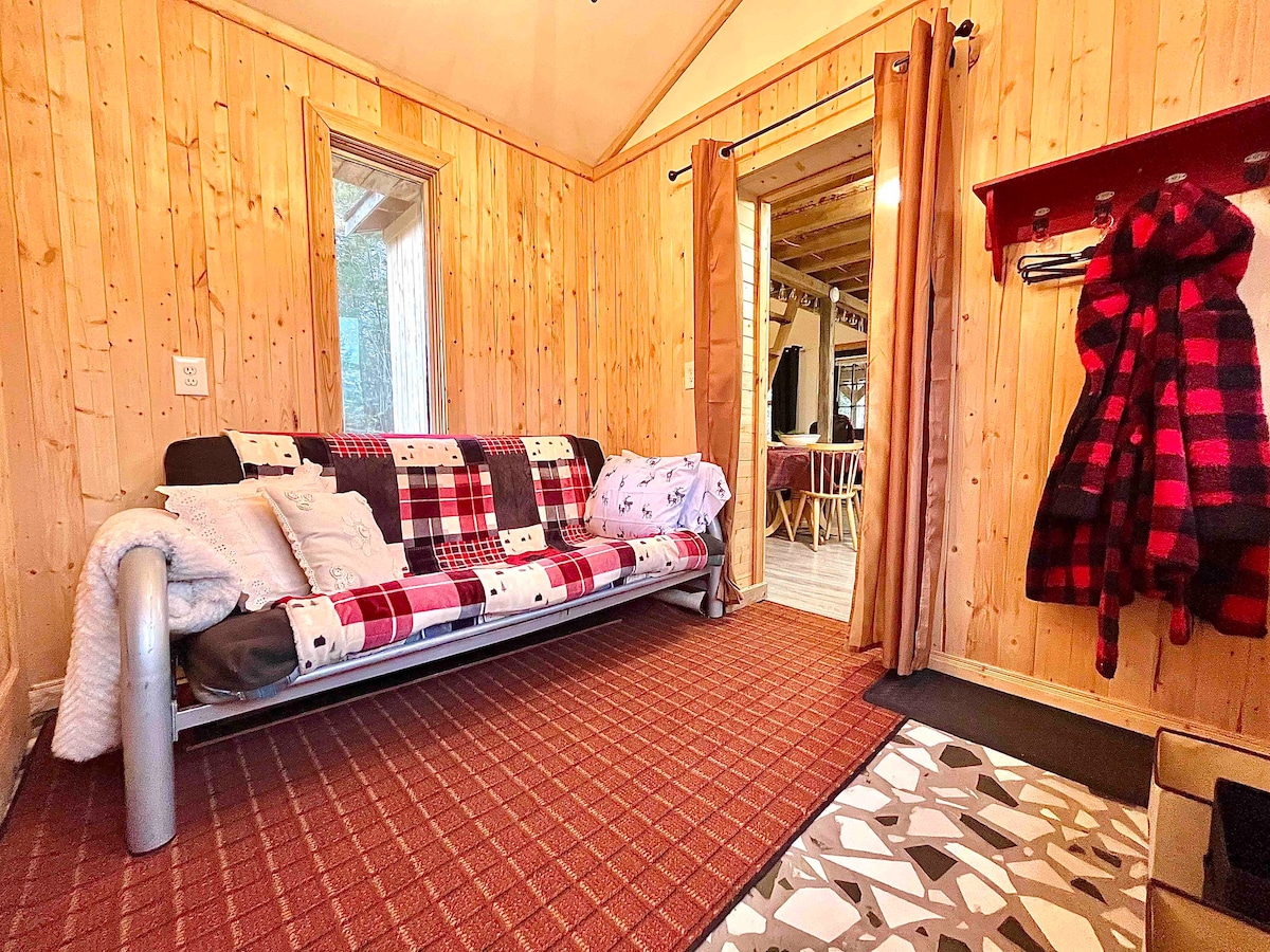 Le futon double peut accueillir deux personnes la nuit et fournit des sièges le jour. Bon endroit pour une entrée facile à l'extérieur où vous pouvez ranger votre équipement de ski. 