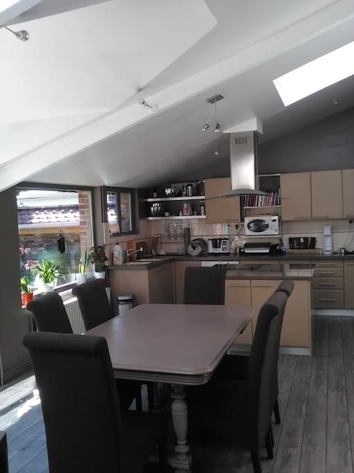 une grande cuisine donnant sur le jardin