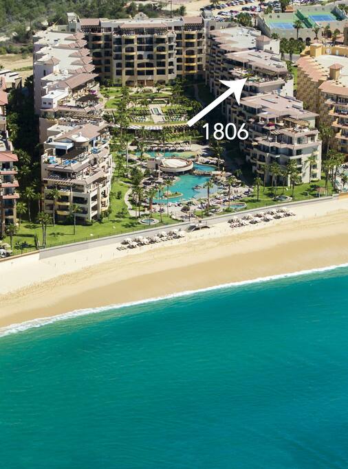 Penthouse 1806 is on Villa La Estancia’s Estancia’s beach with its private lounge & umbrella space attendanted by staff, and a roped-off designated sea swim area