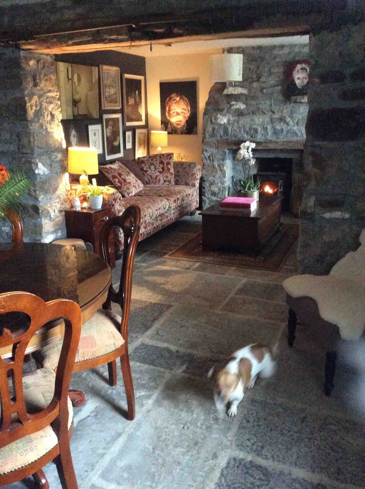 A cozy living area features exposed stone walls and a traditional fireplace. A plush sofa is paired with a wooden coffee table, while a dining table and chairs provide seating. Sunlight softly illuminates the space, creating a welcoming atmosphere, as a small dog roams playfully.