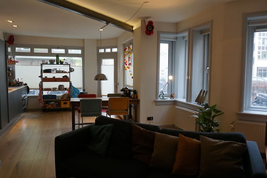 Living room with open kitchen and dinner table.