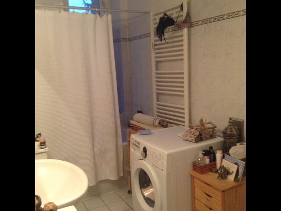 Bathroom , shower , bath , sink , toilet and washing machine