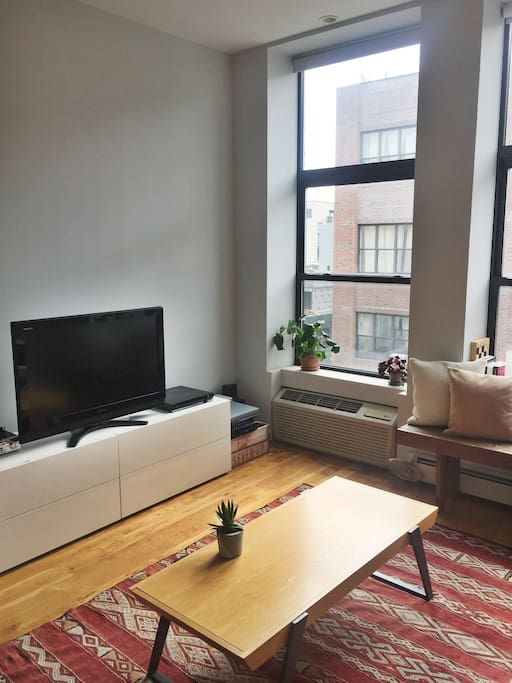 Spacious and light-filled living room of the apartment in the heart of Williamsburg, Brooklyn.