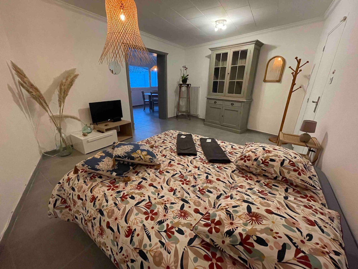 A spacious sleeping area features a floral-patterned bedspread atop a large bed, accompanied by two dark cushions. A television is positioned nearby, alongside a small nightstand. A light fixture with a woven design hangs from the ceiling, illuminating the neutral-toned walls and flooring.