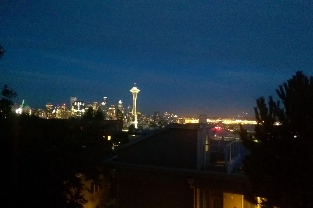 View from living room window at night.