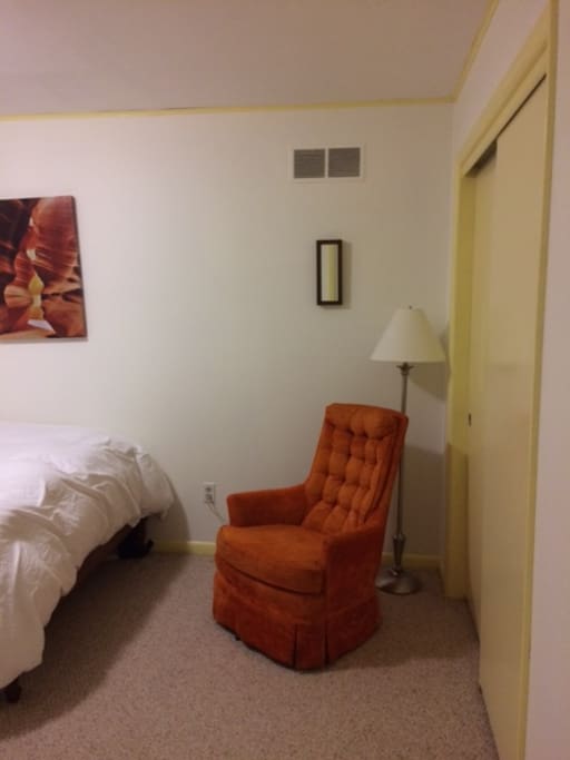 Inner bedroom with a full size bed (comfortable for two) and a large empty closet