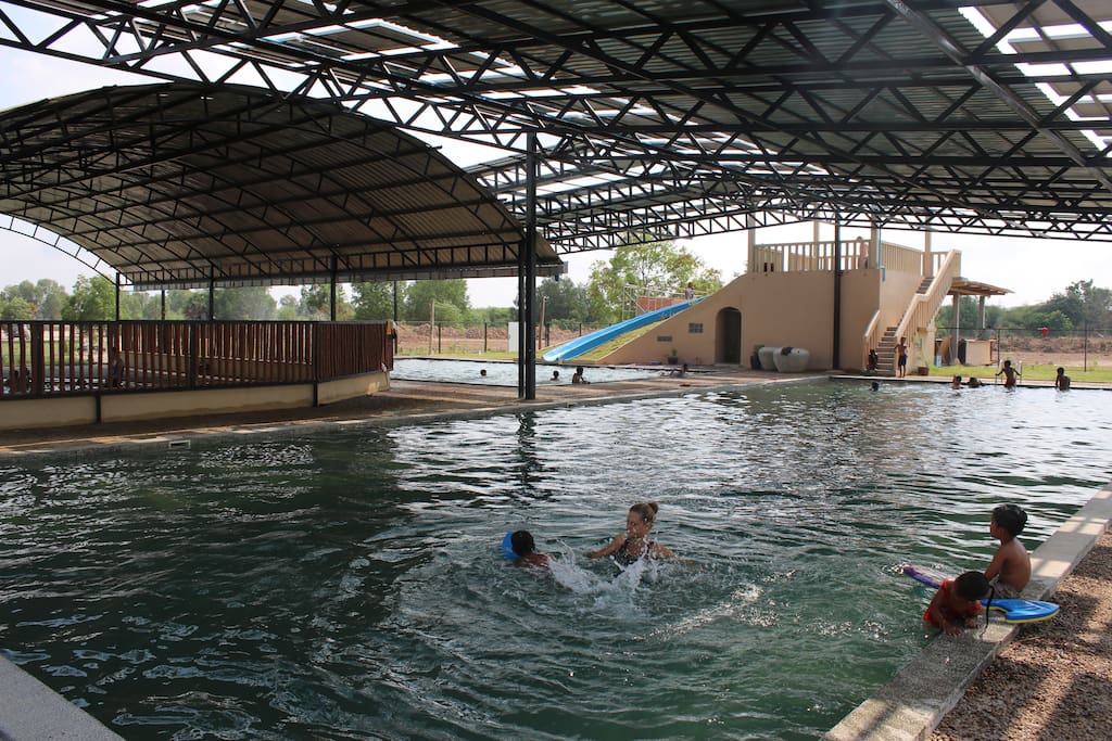 The swimming pools . There are 3 pools for different ages and skills. All are shaded and run on salt and solar panels.