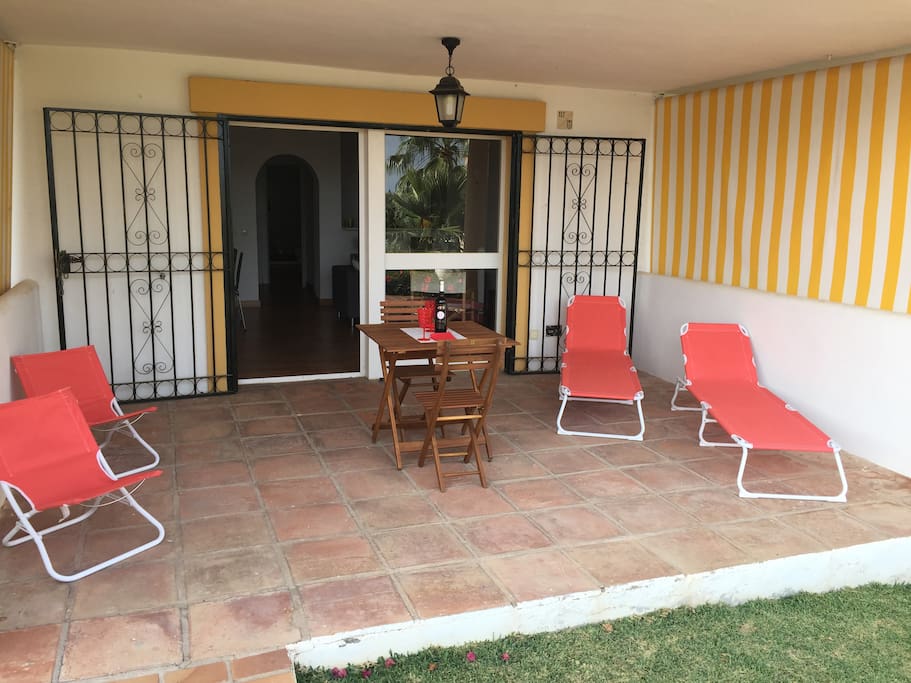 South orientated patio, sunbeds, chairs etc