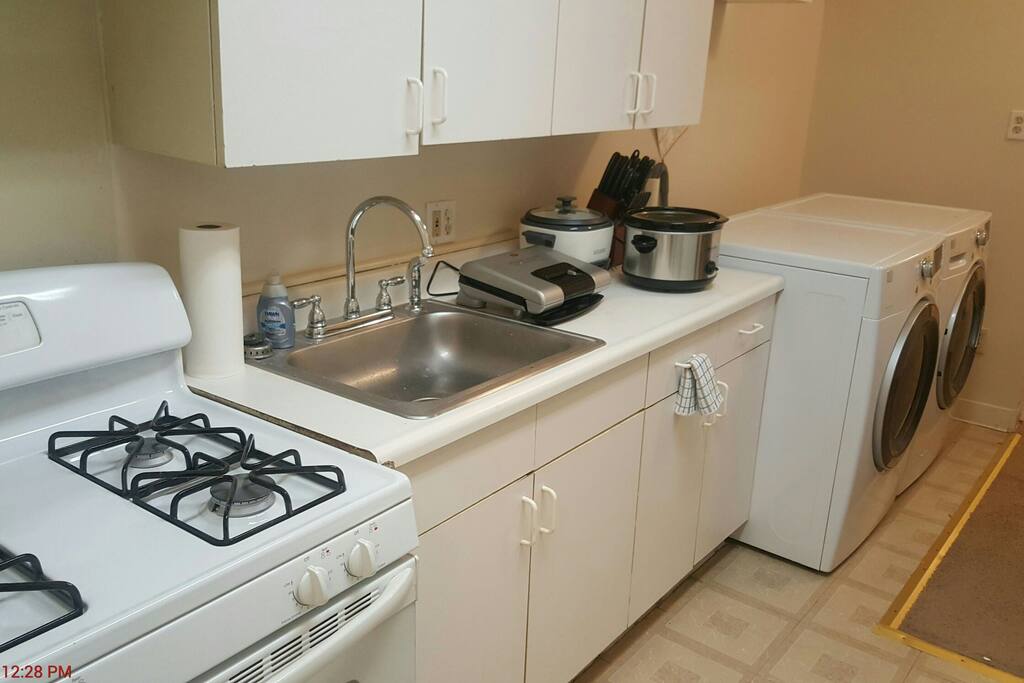 George Foreman grill, Vegetable Steamer/Rice Cooker, Crockpot, Coffeemaker, Full Set of Dishes, Silverware, and Cookware Microwave.