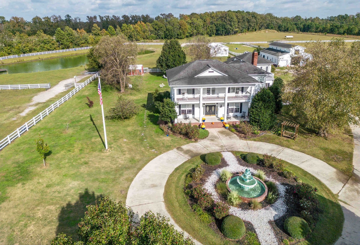 An aerial view captures the elegant main house surrounded by lush greenery and a well-maintained landscape. A circular driveway leads to the entrance, featuring a central fountain. A pond and open fields are visible in the background, complementing the serene atmosphere.