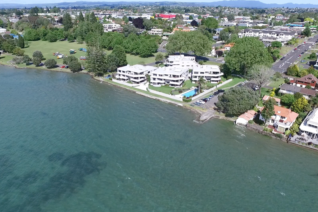 directly overlooks the water