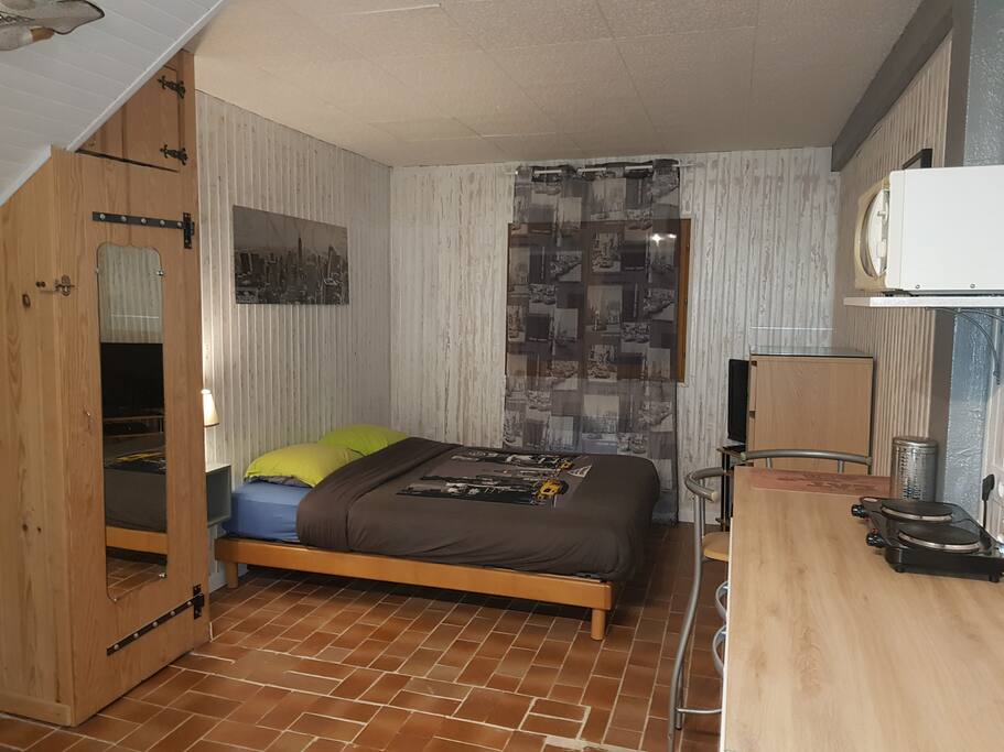 Studio avec lit double, TV + PS3, commode et meuble de cuisine (frigo, plaques électriques, micro-onde, cafetière, grille pain et bouilloire).