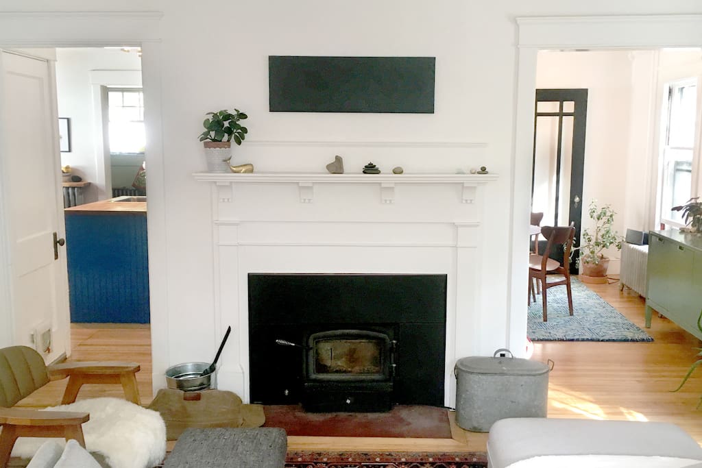Living room with wood burning stove