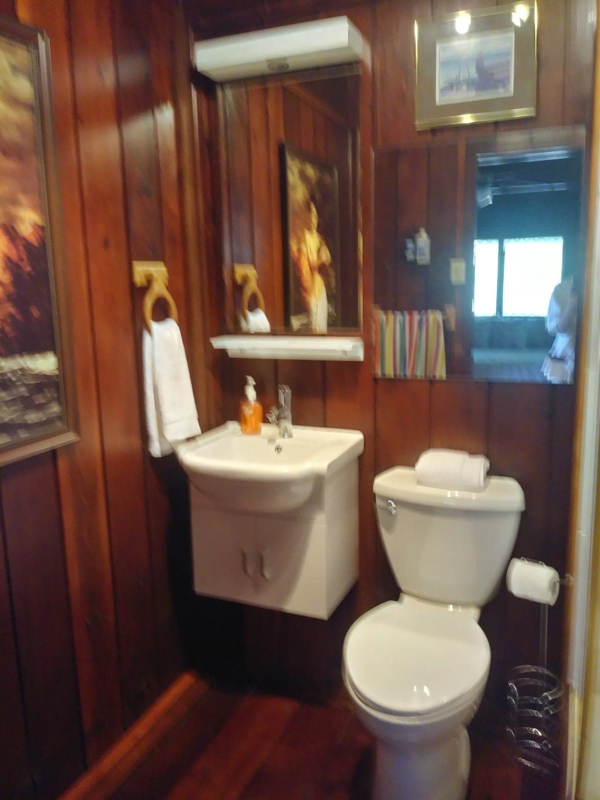 A compact bathroom features wooden paneled walls, providing a warm atmosphere. A white sink is positioned above a small storage cabinet, accompanied by a toilet. Hand towels hang on a nearby hook, with personal care items visible on the counter.