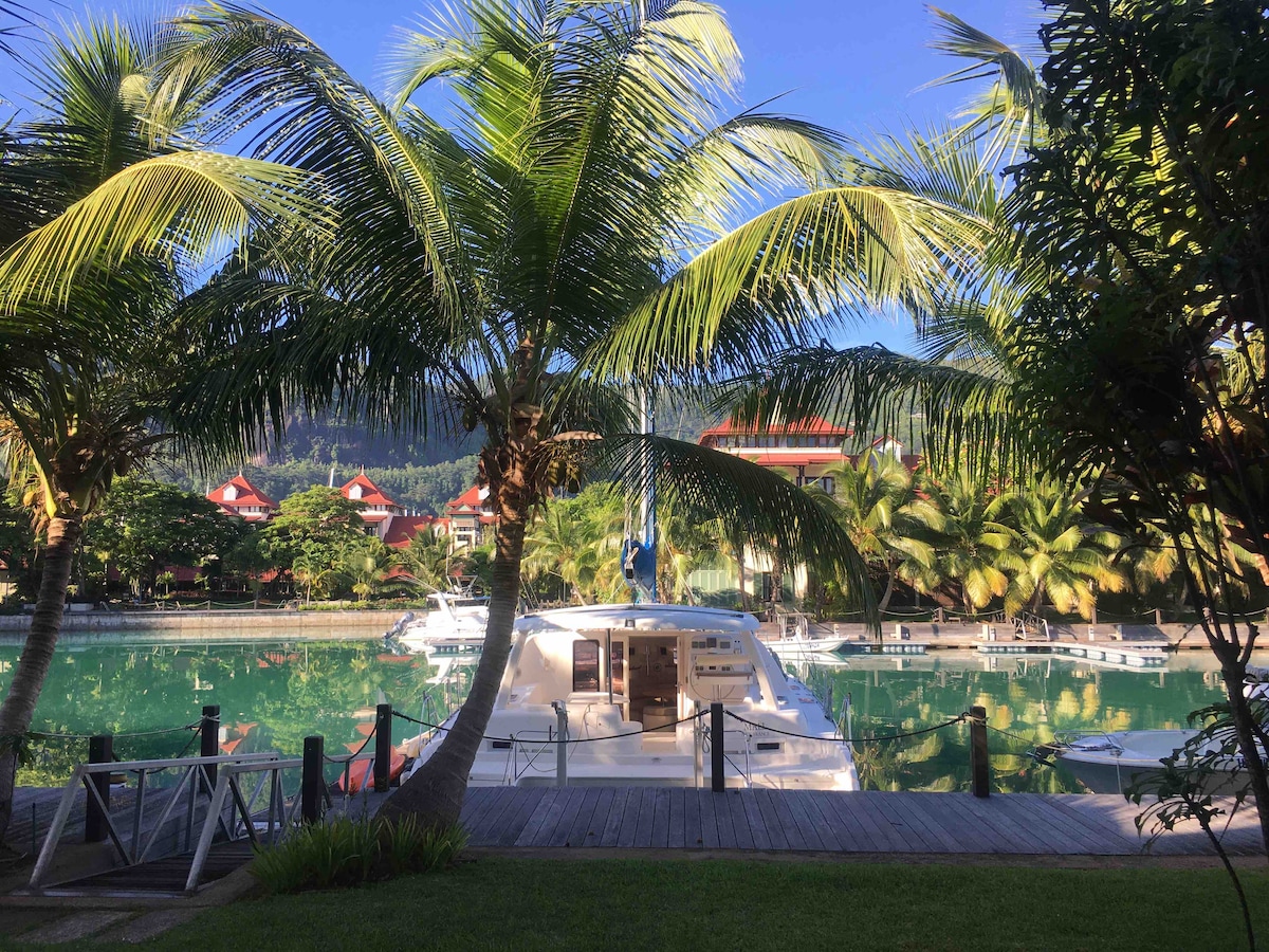A serene view showcases a docked boat amidst lush greenery and tall palm trees. The calm waters reflect the surrounding buildings and vibrant foliage, creating a tranquil atmosphere. The wooden deck leads to the jetty, enhancing the connection to the waterway.