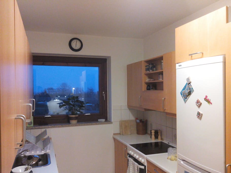 Kitchen with distant sea view