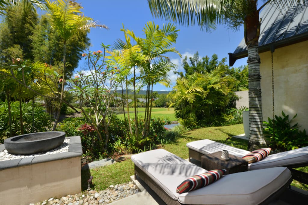Sun Lounges looking out to hills.