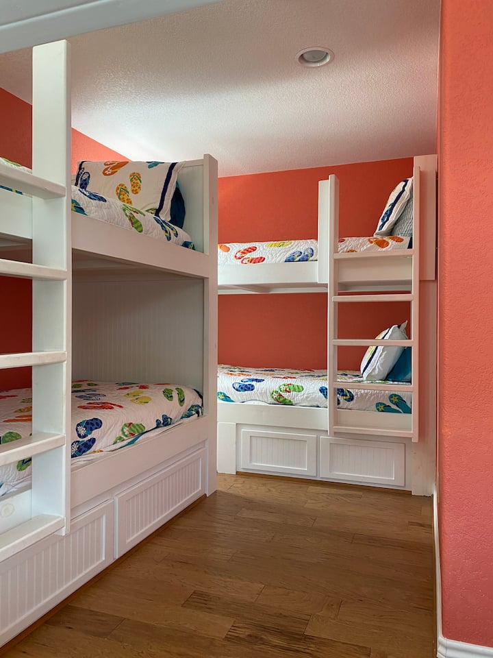 Upstairs bunkroom with 8 built-in twin extra-long bunk beds.  Large enough for adults or kids!