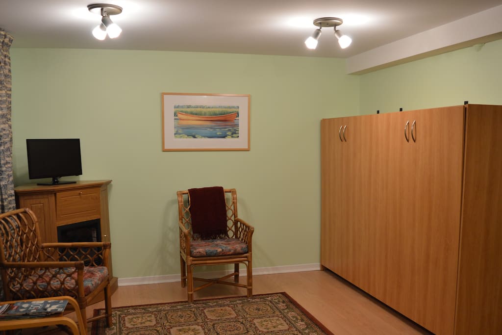 Spacious bed-sitting room with Murphy bed.