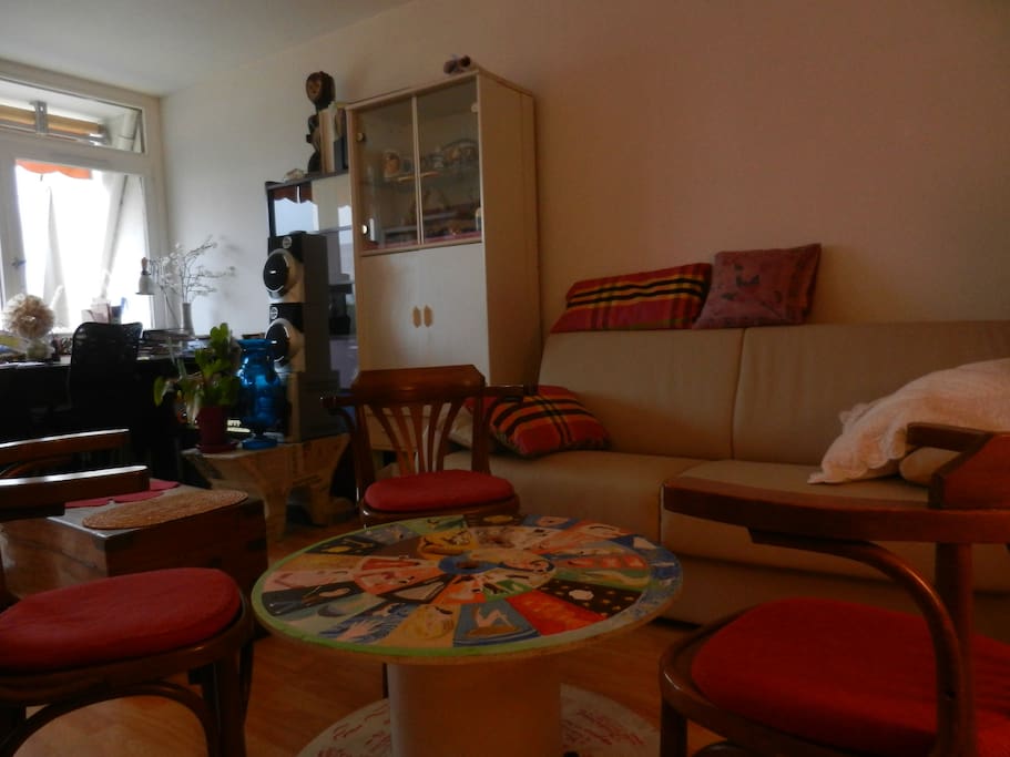 Un salon chaleureux et pratique avec un confortable canapé-lit pour deux.