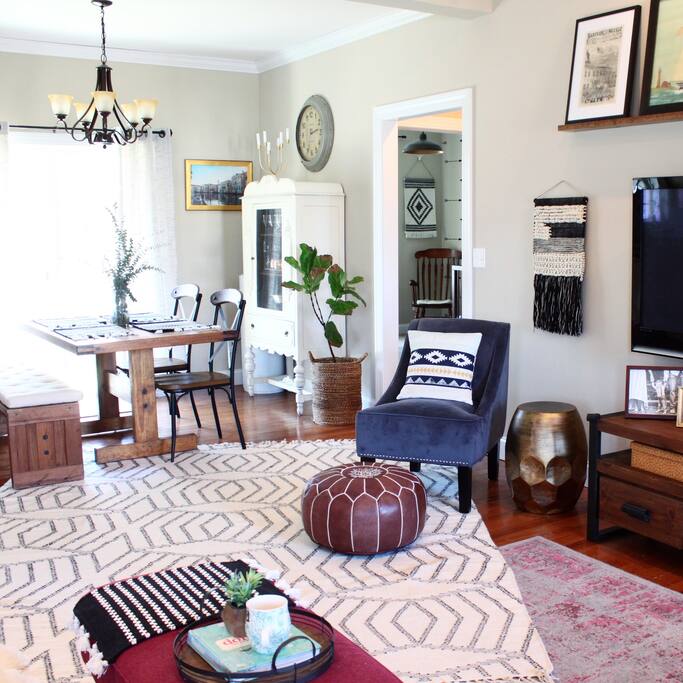Living space opens up to dining area