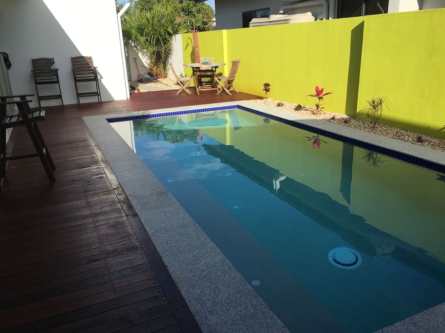 Brand new salt water pool and deck. Great for yoga too!