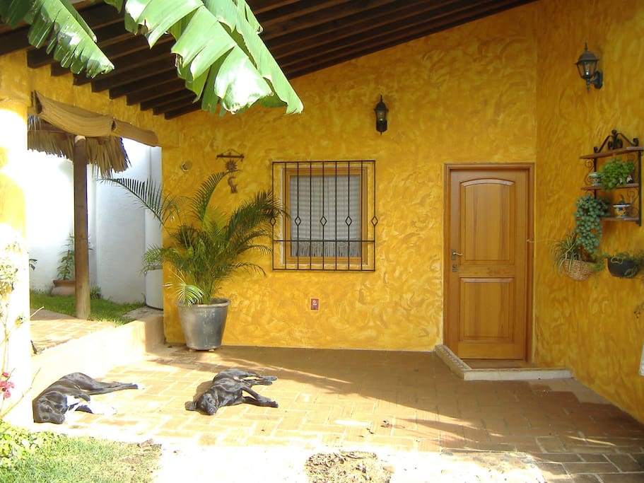 You can rest in the hammock or work under the roof of the patio