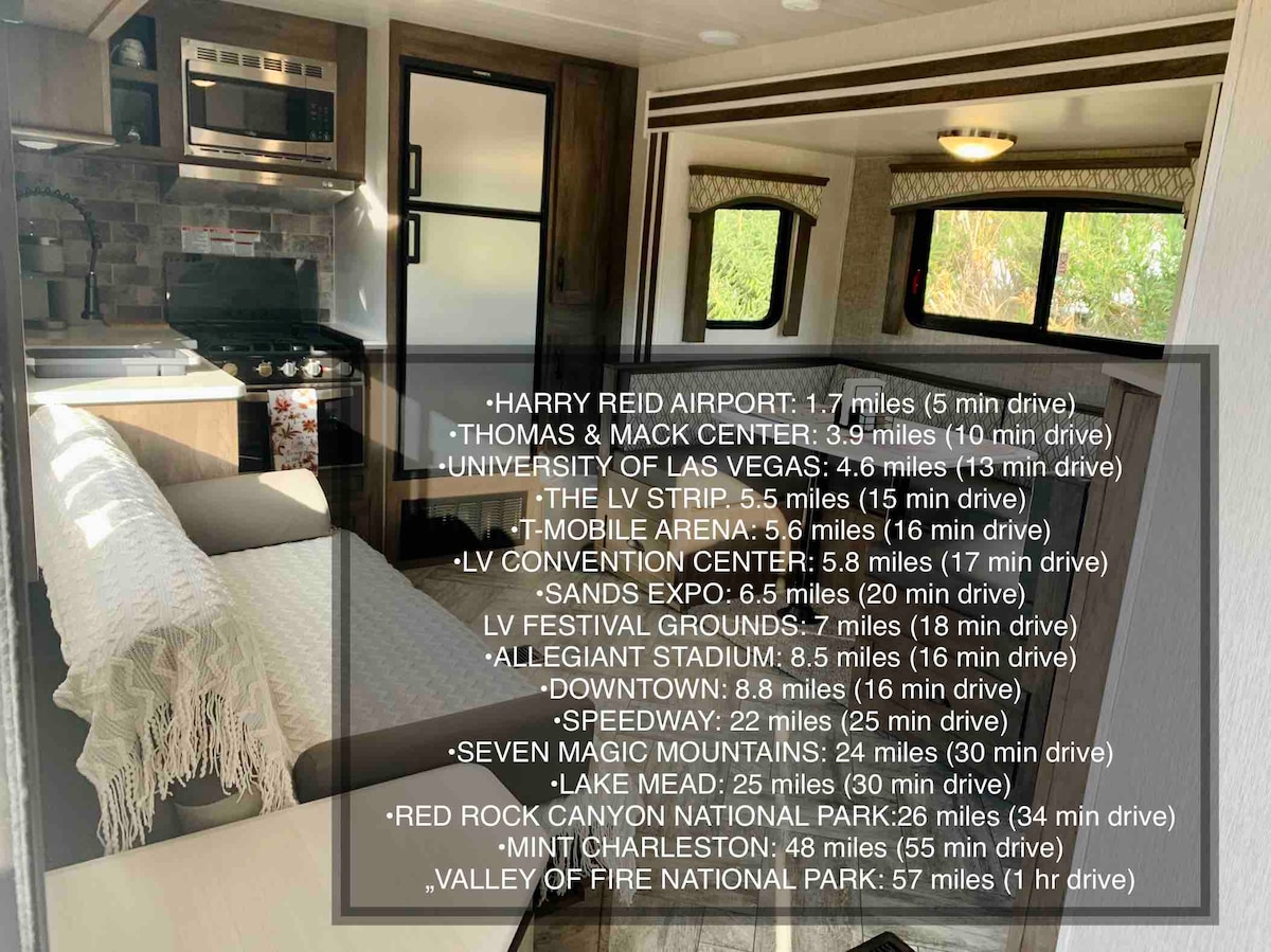 A detailed list of nearby attractions and their distances from the Airbnb is presented. The information is organized clearly, allowing guests to quickly find important locations such as Harry Reid Airport and the Las Vegas Strip, facilitating planning for their stay.