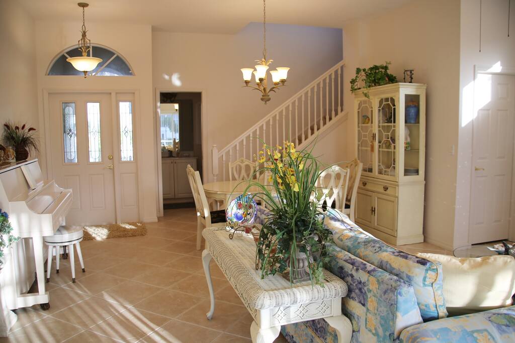 The living room has a great view of the canal and is open to the kitchen and dining room. The room is spacious and features a large flat screen TV. A private, small office is located off of the living room. Wi-fi and cable is available throughout the house.