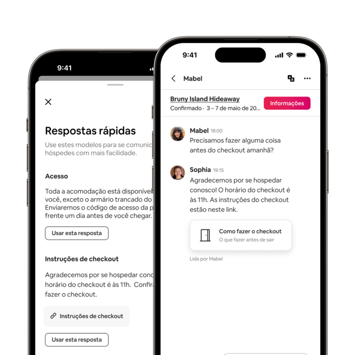 O aplicativo do Airbnb mostra um anfitrião que envia tarefas de checkout com uma resposta rápida. Uma confirmação de leitura indica que o hóspede leu a mensagem.