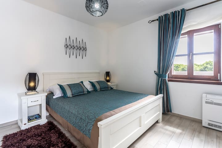 Chambre 2 : lit double, armoire, bureau et toilettes avec douche