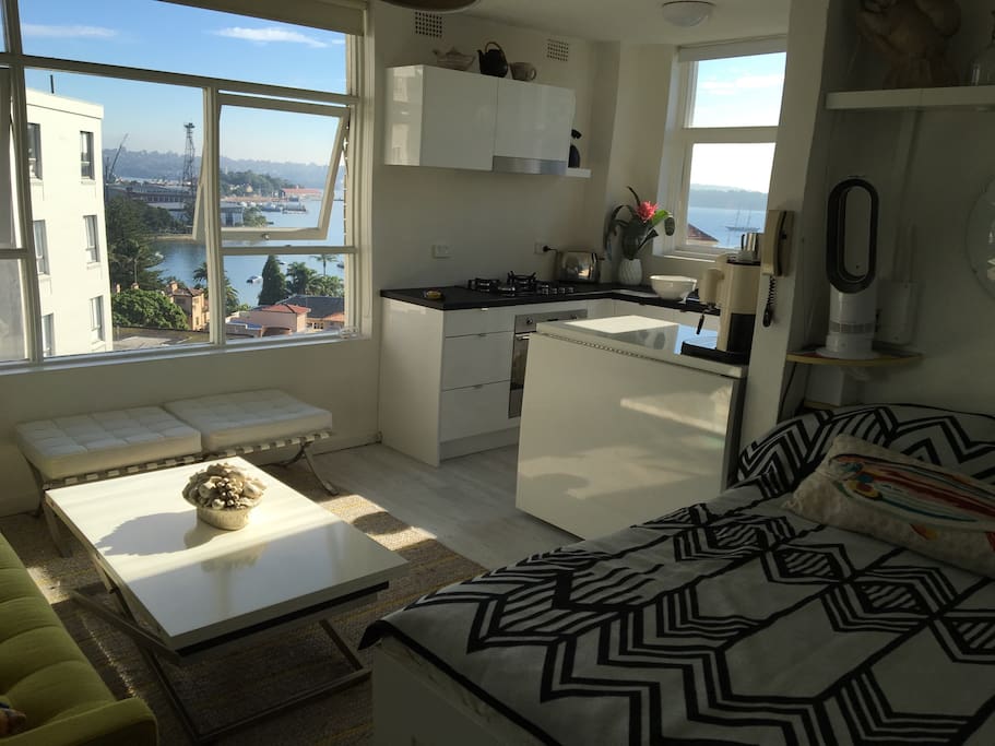 Harbour views from all windows ( including bathroom.). New kitchen. Double bed,